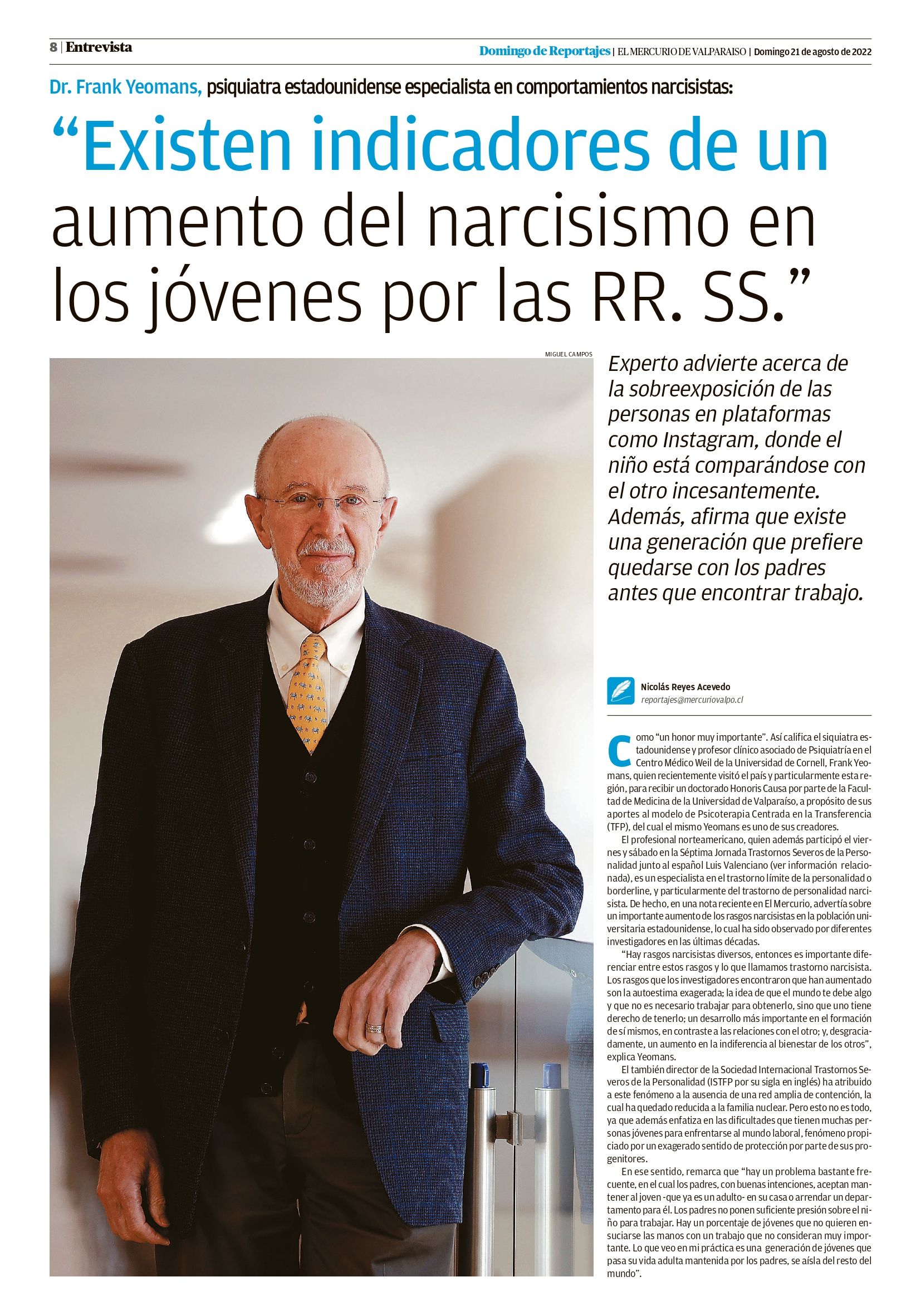 Dr. Frank Yeomans Articulo del Diario El Mercurio  21 Agosto 2022